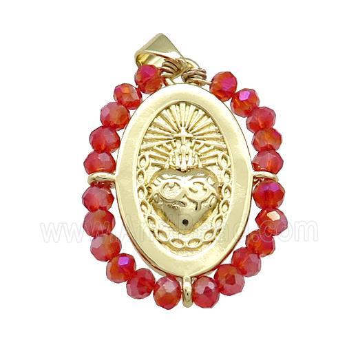 Sacred Heart Charms Copper Oval Pendant With Red Crystal Glass Wire Wrapped Gold Plated