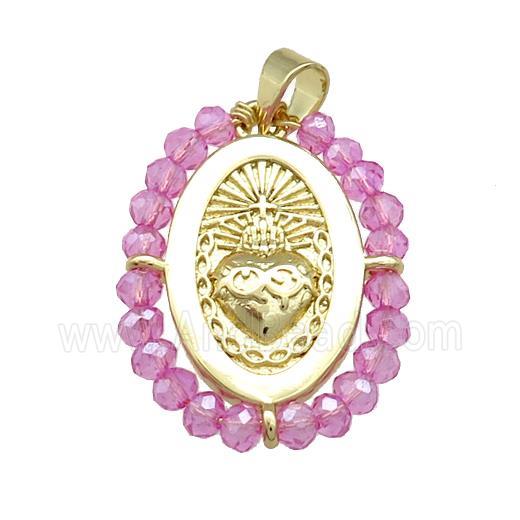Sacred Heart Charms Copper Oval Pendant With Hotpink Crystal Glass Wire Wrapped Gold Plated