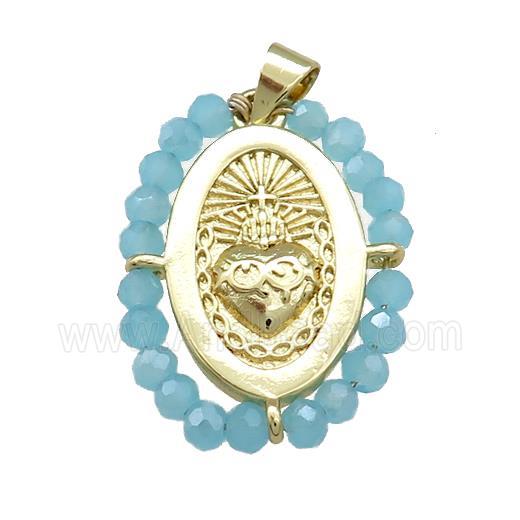 Sacred Heart Charms Copper Oval Pendant With Blue Crystal Glass Wire Wrapped Gold Plated