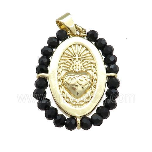 Sacred Heart Charms Copper Oval Pendant With Black Crystal Glass Wire Wrapped Gold Plated