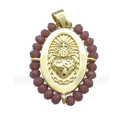 Sacred Heart Charms Copper Oval Pendant With Crystal Glass Wire Wrapped Gold Plated