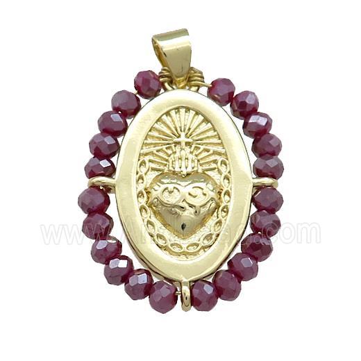 Sacred Heart Charms Copper Oval Pendant With Crystal Glass Wire Wrapped Gold Plated