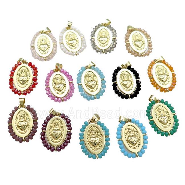 Sacred Heart Charms Religious Copper Oval Pendant With Crystal Glass Wire Wrapped Gold Plated Mixed