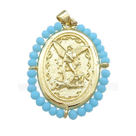 Fairy Charms Copper Oval Pendant With Blue Crystal Glass Wire Wrapped Gold Plated