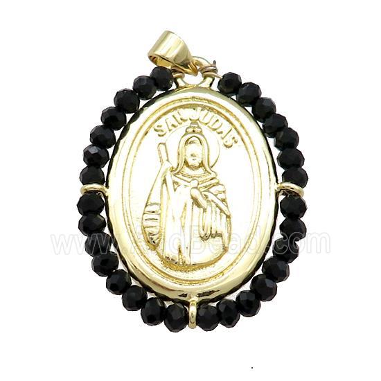 Saint Jude Charms Copper Medal Pendant With Black Crystal Glass Wire Wrapped Oval Gold Plated