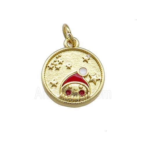 Christmas Santa Claus Charms Copper Circle Pendant Red Enamel Gold Plated