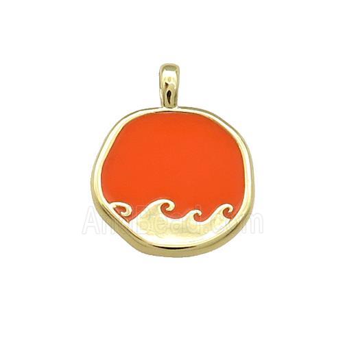 Copper Circle Pendant Surf Orange Enamel Gold Plated