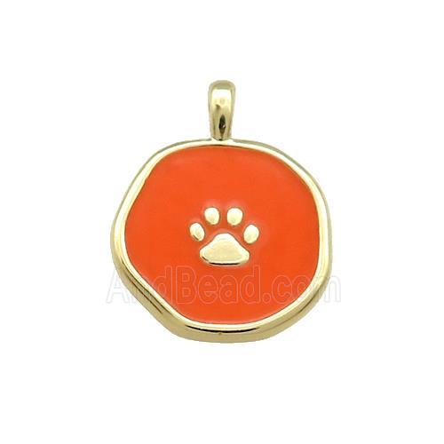 Copper Circle Pendant Paw Orange Enamel Gold Plated