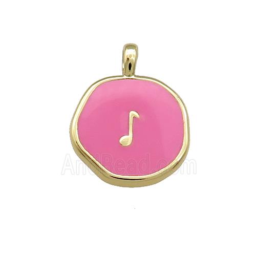 Copper Circle Pendant Musical Note Symbols Pink Enamel Gold Plated