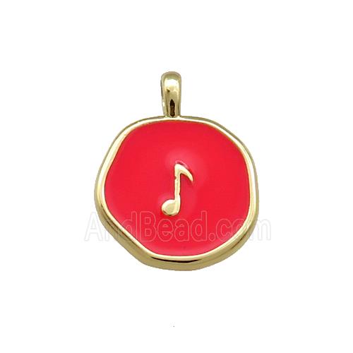 Copper Circle Pendant Musical Note Symbols Red Enamel Gold Plated