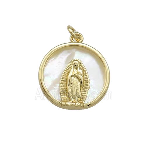Virgin Mary Charms Copper Circle Pendant Pave Shell Religious Gold Plated