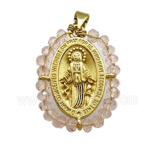 Virgin Mary Charms Copper Medal Pendant With Crystal Glass Wire Wrapped Oval Gold Plated