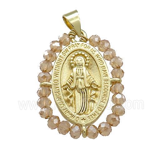 Virgin Mary Charms Copper Medal Pendant With Champagne Crystal Glass Wire Wrapped Oval Gold Plated