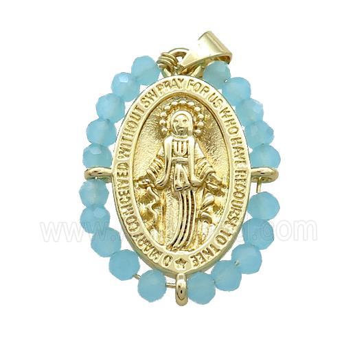 Virgin Mary Charms Copper Medal Pendant With Blue Crystal Glass Wire Wrapped Oval Gold Plated