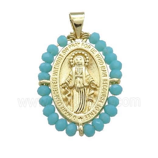 Virgin Mary Charms Copper Medal Pendant With Teal Crystal Glass Wire Wrapped Oval Gold Plated