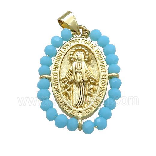 Virgin Mary Charms Copper Medal Pendant With Blue Crystal Glass Wire Wrapped Oval Gold Plated