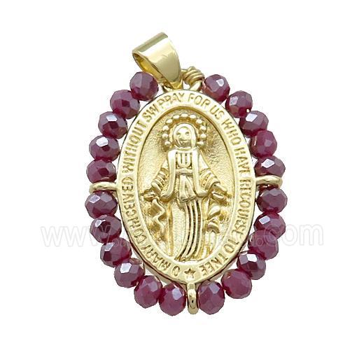 Virgin Mary Charms Copper Medal Pendant With Purple Crystal Glass Wire Wrapped Oval Gold Plated