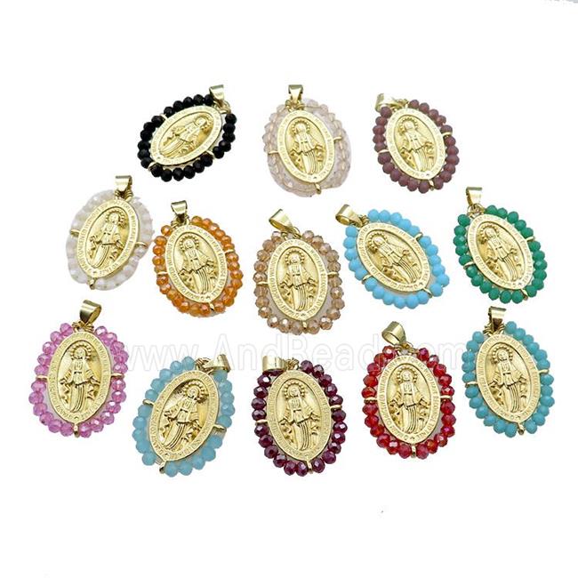 Virgin Mary Charms Copper Medal Pendant With Crystal Glass Wire Wrapped Oval Religious Gold Plated M