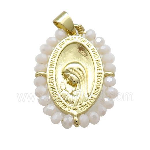Virgin Mary Charms Copper Medal Pendant With White Crystal Glass Wire Wrapped Oval Gold Plated