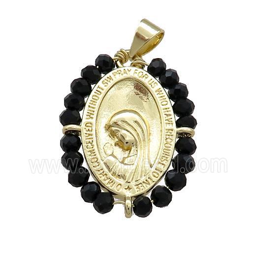 Virgin Mary Charms Copper Medal Pendant With Black Crystal Glass Wire Wrapped Oval Gold Plated