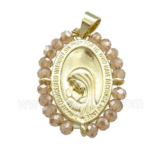 Virgin Mary Charms Copper Medal Pendant With Crystal Glass Wire Wrapped Oval Gold Plated