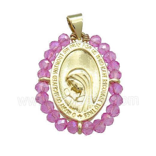 Virgin Mary Charms Copper Medal Pendant With Hotpink Crystal Glass Wire Wrapped Oval Gold Plated