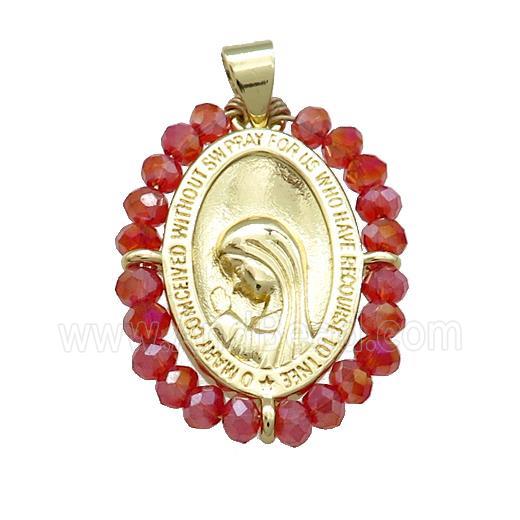 Virgin Mary Charms Copper Medal Pendant With Red Crystal Glass Wire Wrapped Oval Gold Plated