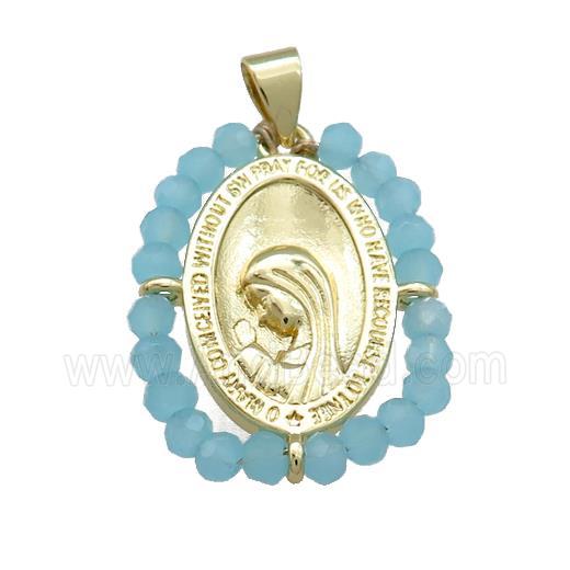 Virgin Mary Charms Copper Medal Pendant With Blue Crystal Glass Wire Wrapped Oval Gold Plated