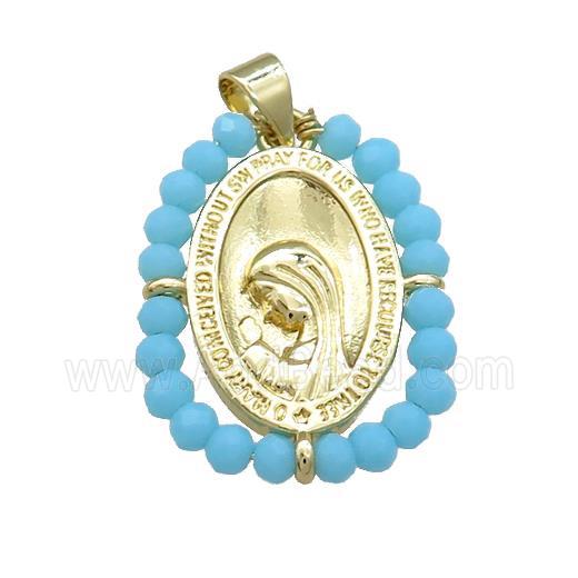 Virgin Mary Charms Copper Medal Pendant With Blue Crystal Glass Wire Wrapped Oval Gold Plated