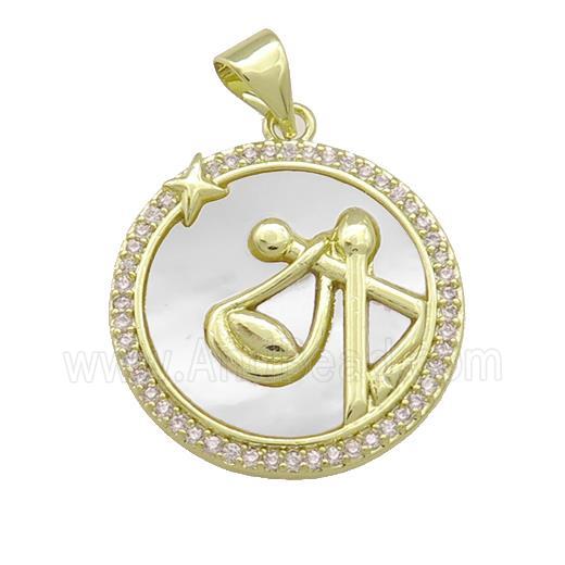 Zodiac Libra Charms Copper Circle Pendant Pave Shell Zircon 18K Gold Plated