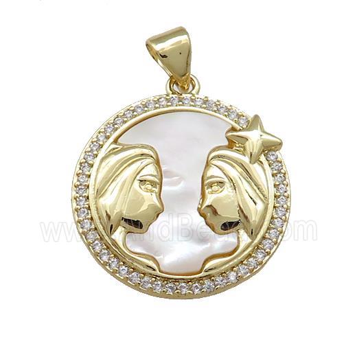 Zodiac Gemini Charms Copper Circle Pendant Pave Shell Zircon 18K Gold Plated