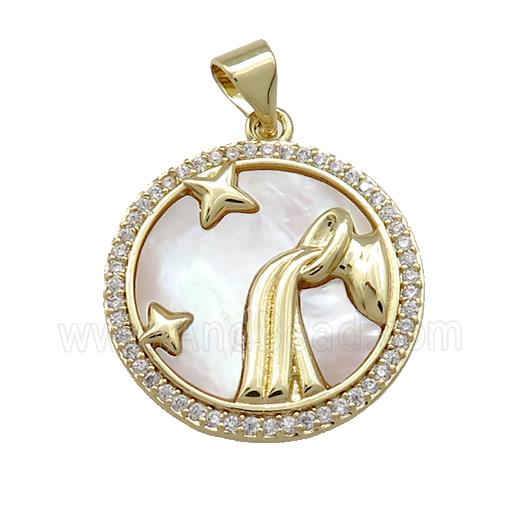 Zodiac Aquarius Charms Copper Circle Pendant Pave Shell Zircon 18K Gold Plated