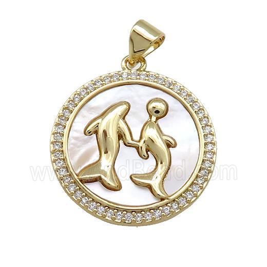 Zodiac Pisces Charms Copper Circle Pendant Pave Shell Zircon 18K Gold Plated