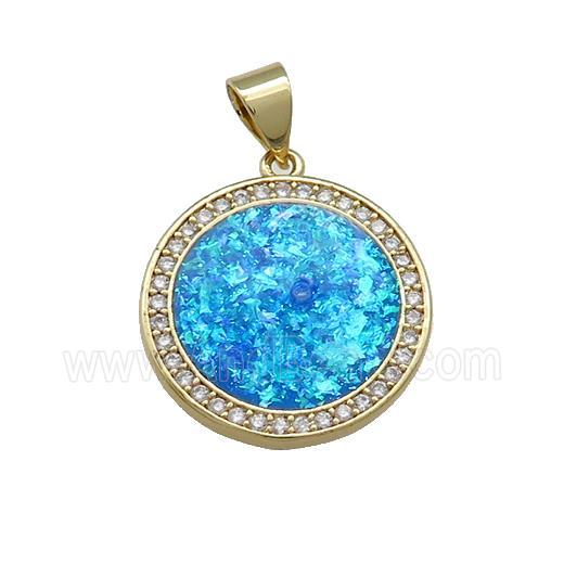 Copper Circle Pendant Pave Blue Fire Opal Zircon 18K Gold Plated