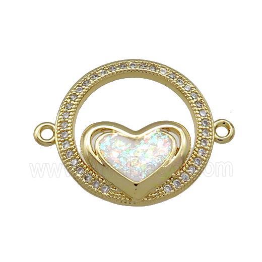 Copper Circle Connector Pave White Fire Opal Zircon Heart 18K Gold Plated