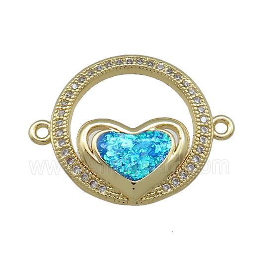 Copper Circle Connector Pave Blue Fire Opal Zircon Heart 18K Gold Plated