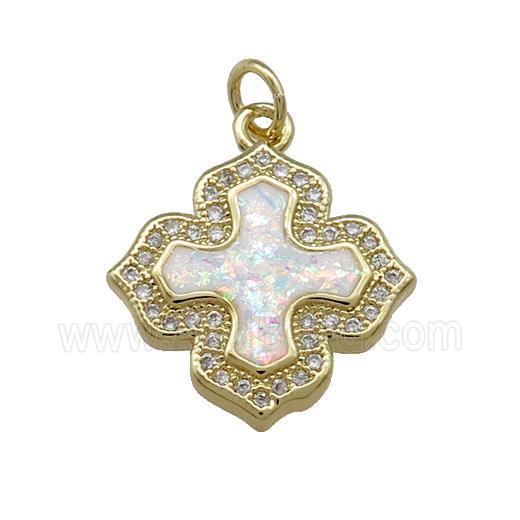 Copper Cross Pendant Pave White Fire Opal Zircon 18K Gold Plated