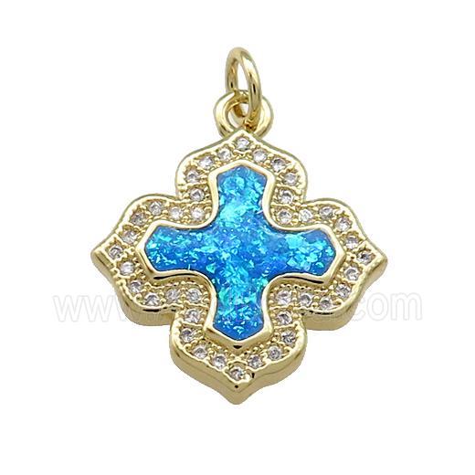 Copper Cross Pendant Pave Blue Fire Opal Zircon 18K Gold Plated
