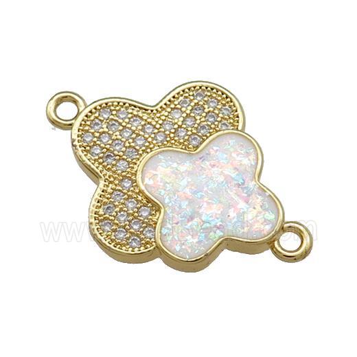 Copper Clover Connector Pave White Fire Opal Zircon Double 18K Gold Plated