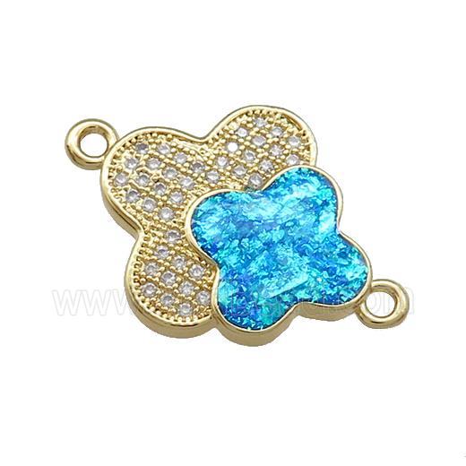 Copper Clover Connector Pave Blue Fire Opal Zircon Double 18K Gold Plated