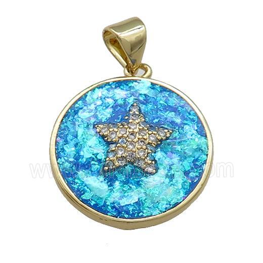Copper Circle Pendant Pave Blue Fire Opal Zircon Star 18K Gold Plated