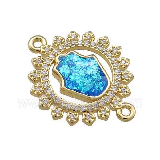 Copper Circle Connector Pave Blue Fire Opal Zircon Hamsahand 18K Gold Plated