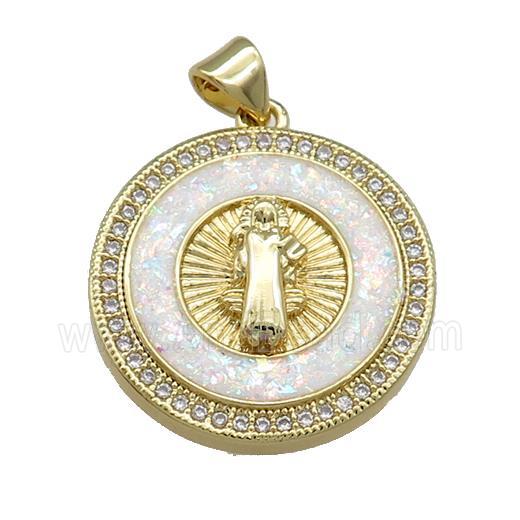 Copper Jesus Pendant Pave White Fire Opal Zircon Circle 18K Gold Plated