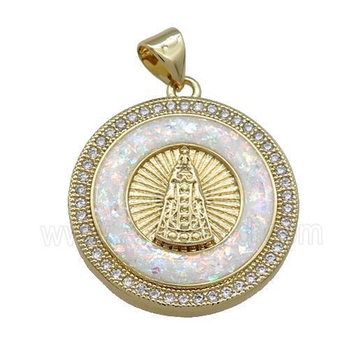 Copper Jesus Pendant Pave White Fire Opal Zircon Circle 18K Gold Plated