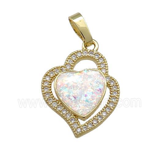 Copper Heart Pendant Pave White Fire Opal Zircon 18K Gold Plated