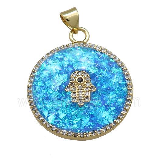 Copper Circle Pendant Pave Blue Fire Opal Zircon Hamsahand 18K Gold Plated