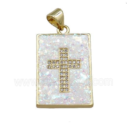 Copper Rectangle Pendant Pave White Fire Opal Zircon Cross 18K Gold Plated