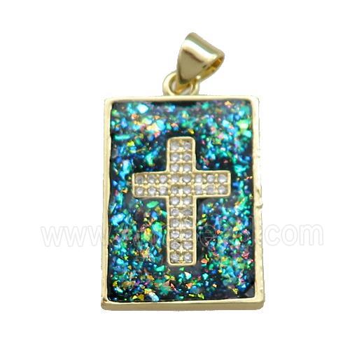 Copper Rectangle Pendant Pave Green Fire Opal Zircon Cross 18K Gold Plated