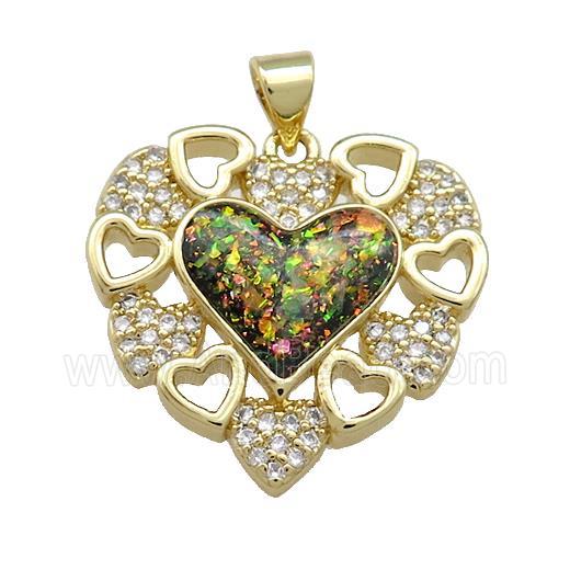 Copper Heart Pendant Pave Multicolor Fire Opal Zircon 18K Gold Plated