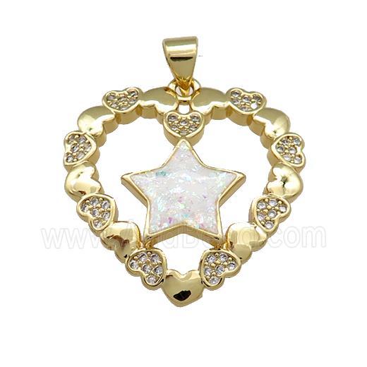 Copper Heart Pendant Pave White Fire Opal Zircon Star 18K Gold Plated